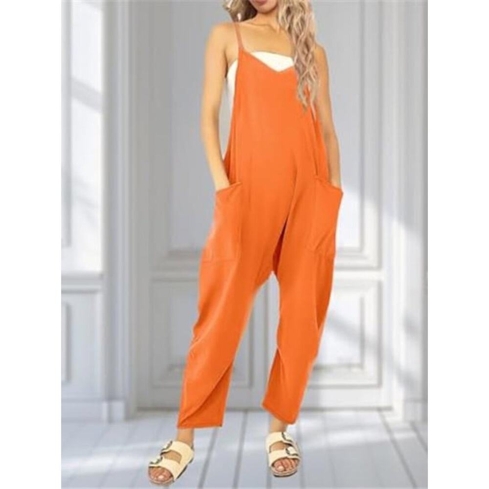Casual Wide Leg Jumpsuit Baggy Sleeveless Romper Light Orange Women With Pockets